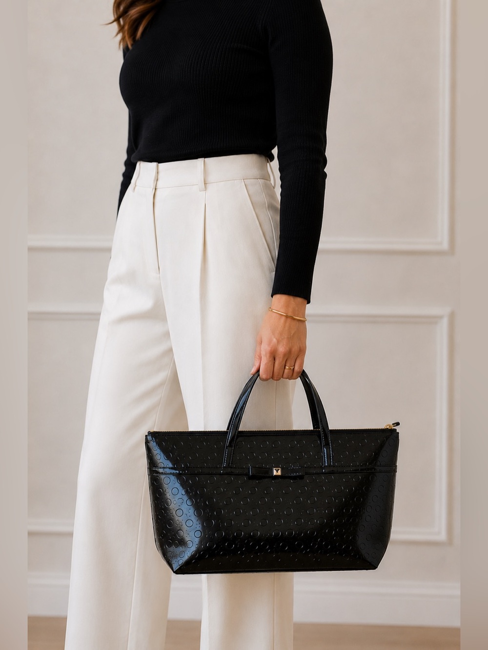 Kate Spade Black Patent Leather Tote Bag Textured Dot Pattern Large Work Bag